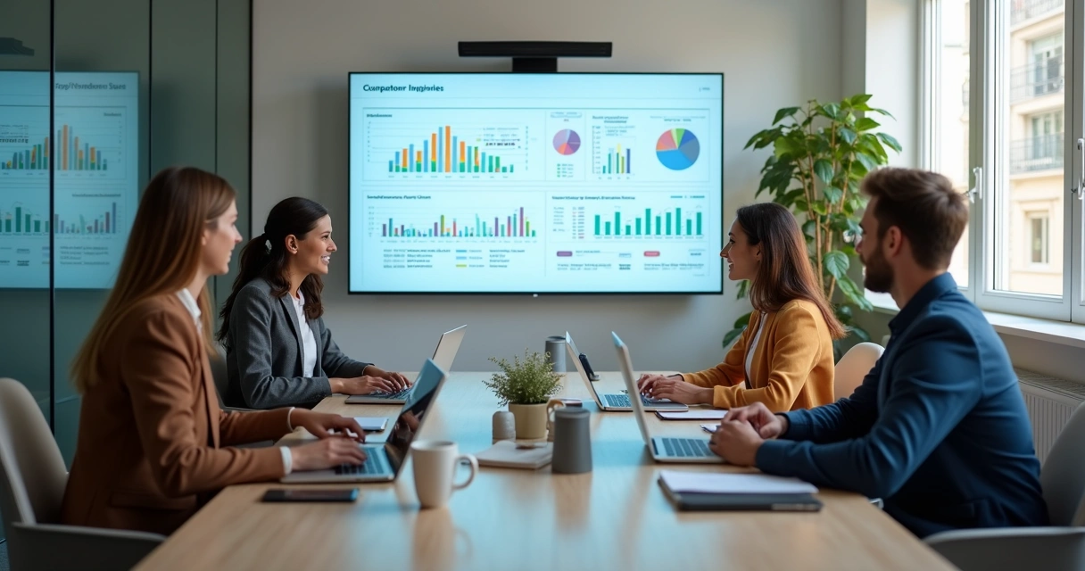 Equipe analisando dados em tela com apoio de inteligência artificial